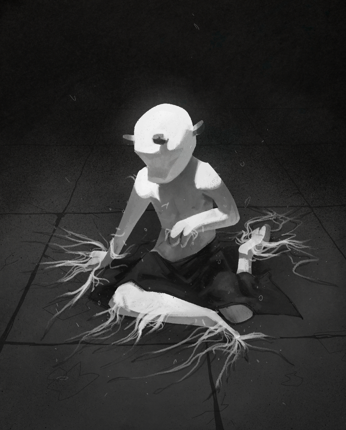 An illustration of a a strange, faceless mushroom-like creature. Their mycelium flows from their hands and limbs onto the floor. Dust floats in the air.