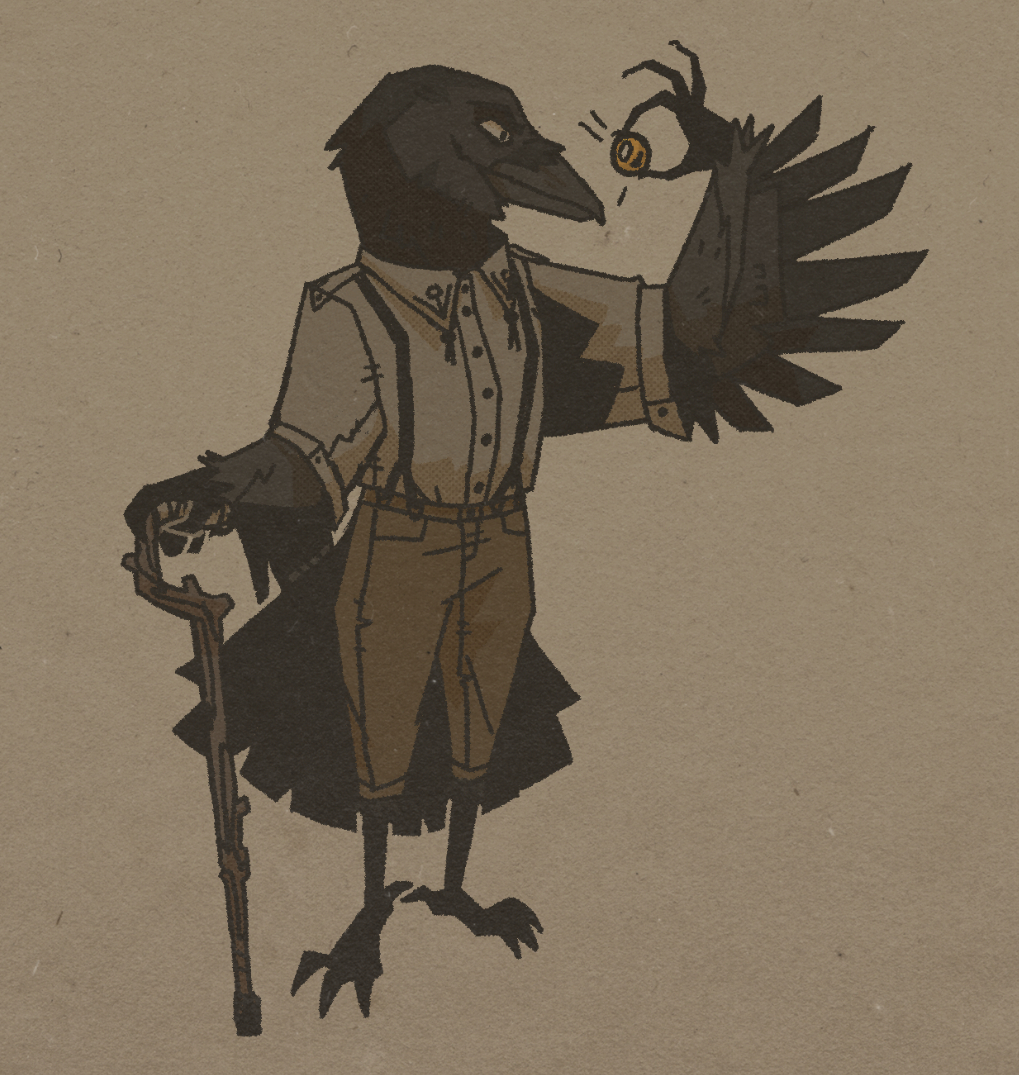 An illustration of an anthro crow character. In their talon-like hand they old a shiny gold object, which they gaze upon proudly. They also have a walking cane.