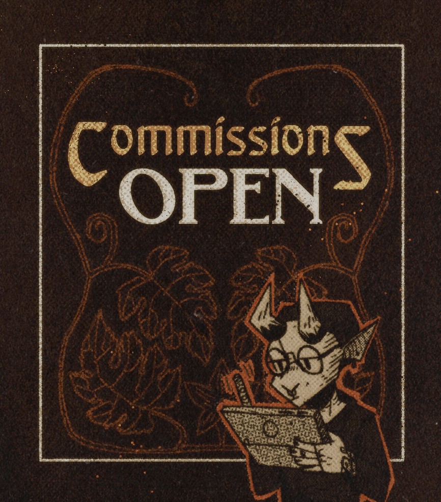 Text: "Commissions Open." On a orange background there is an outline of pumpkin leaves and flowers. In the foreground, a little demon character with round glasses is writing on a tablet computer.