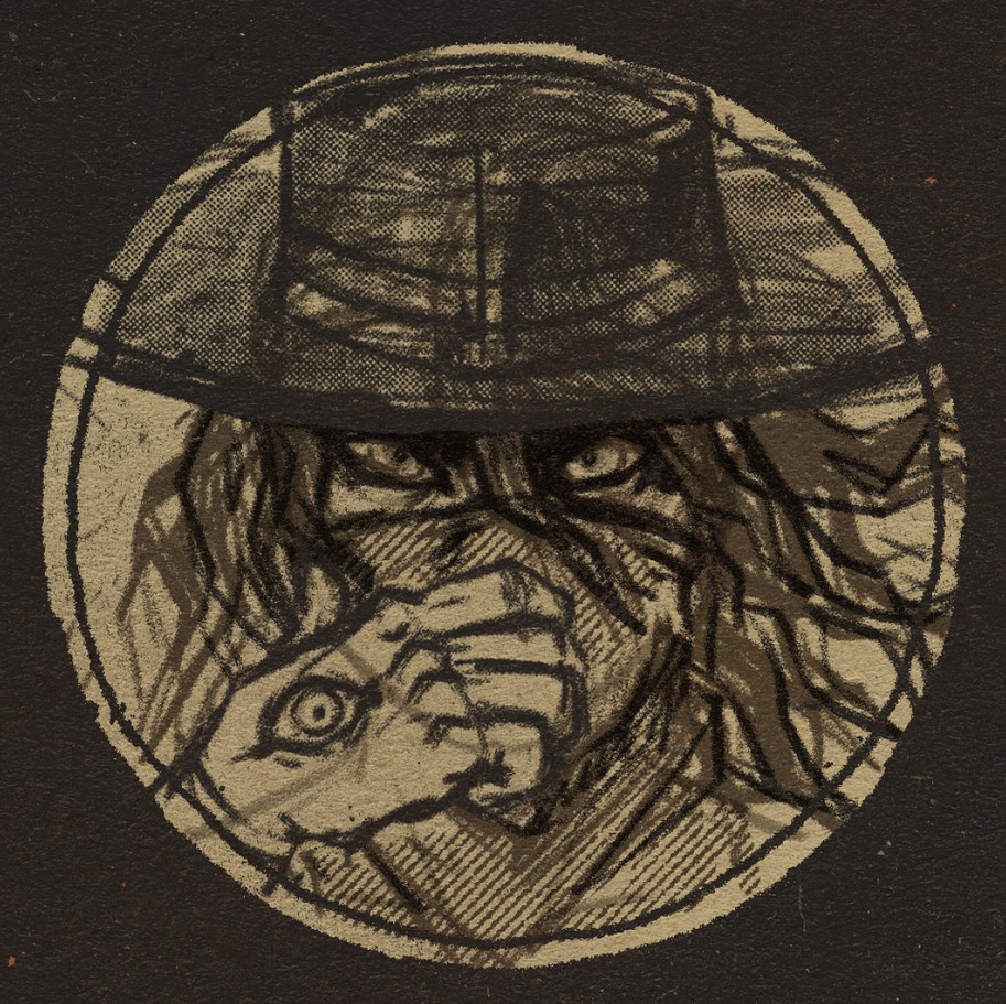 Sketch of a desperada character. She is facing the viewer directly, with a hand over the lower half of her face, hidden behind a handkerchief. Her skin has a light brown tone, and her hand has a wide eye growing forth from it. She is wearing a brimmed hat over her flowing dark hair. Her expression is fierce.