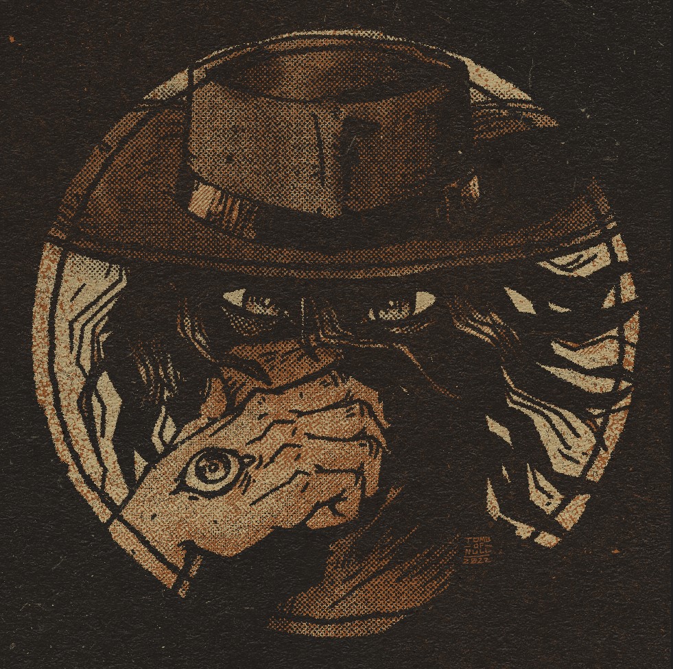 Illustration of a desperada character. She is facing the viewer directly, with a hand over the lower half of her face, hidden behind a handkerchief. Her skin has a light brown tone, and her hand has a wide eye growing forth from it. She is wearing a brimmed hat over her flowing dark hair. Her expression is fierce.