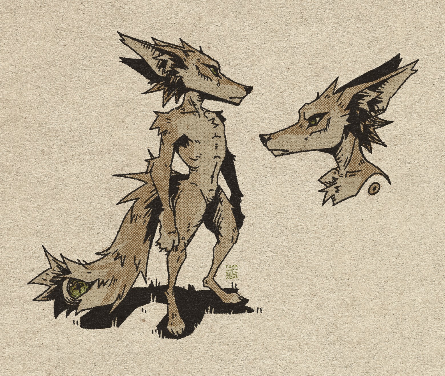 An anthro fox-like character, full body and a headshot. An eye peers out from the tip of their tail.
