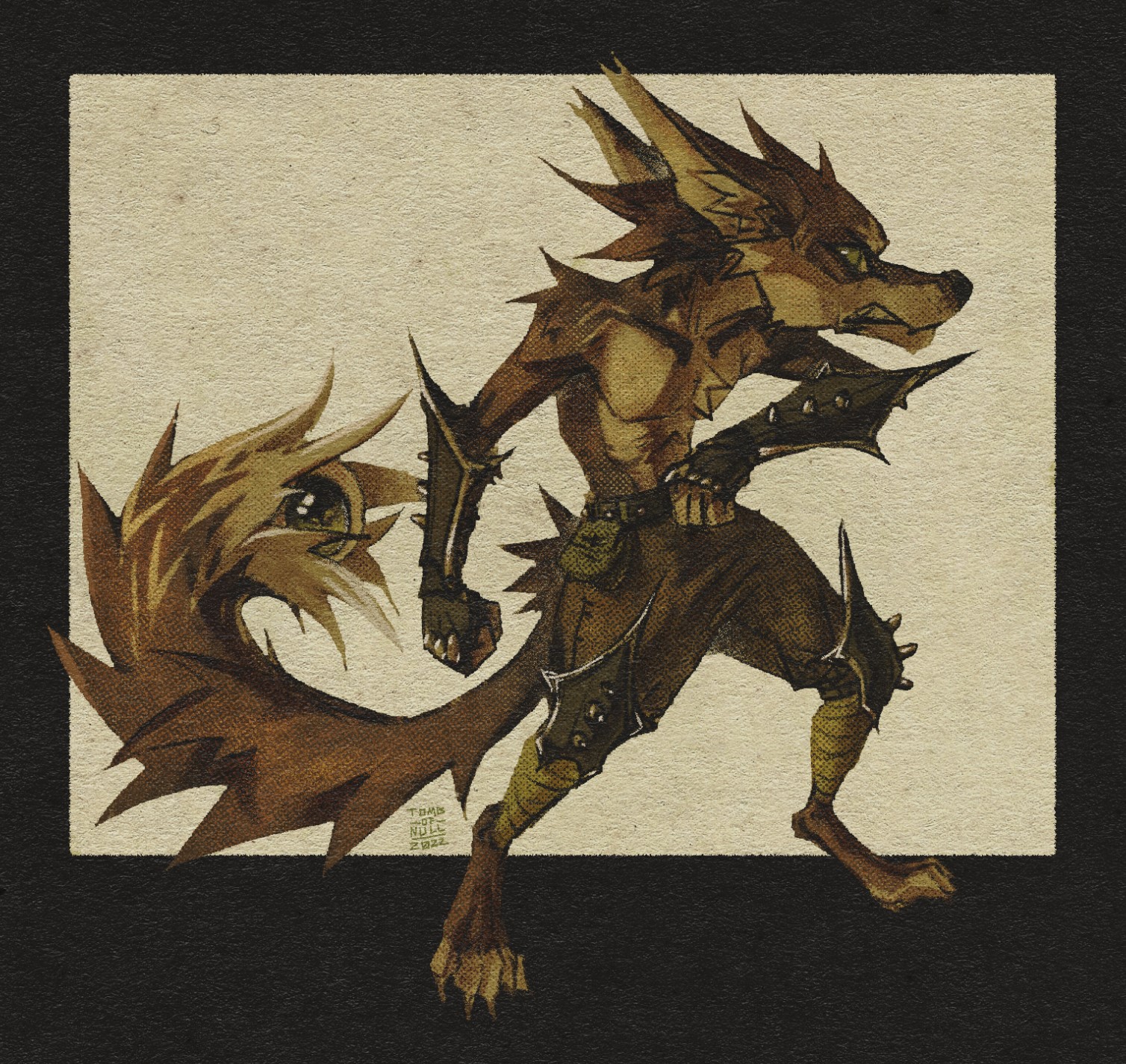 An anthro fox-like character. They have a snarl on their face. They are also wearing baggy pants, armor, and an eye is peering through the tip of their tail.