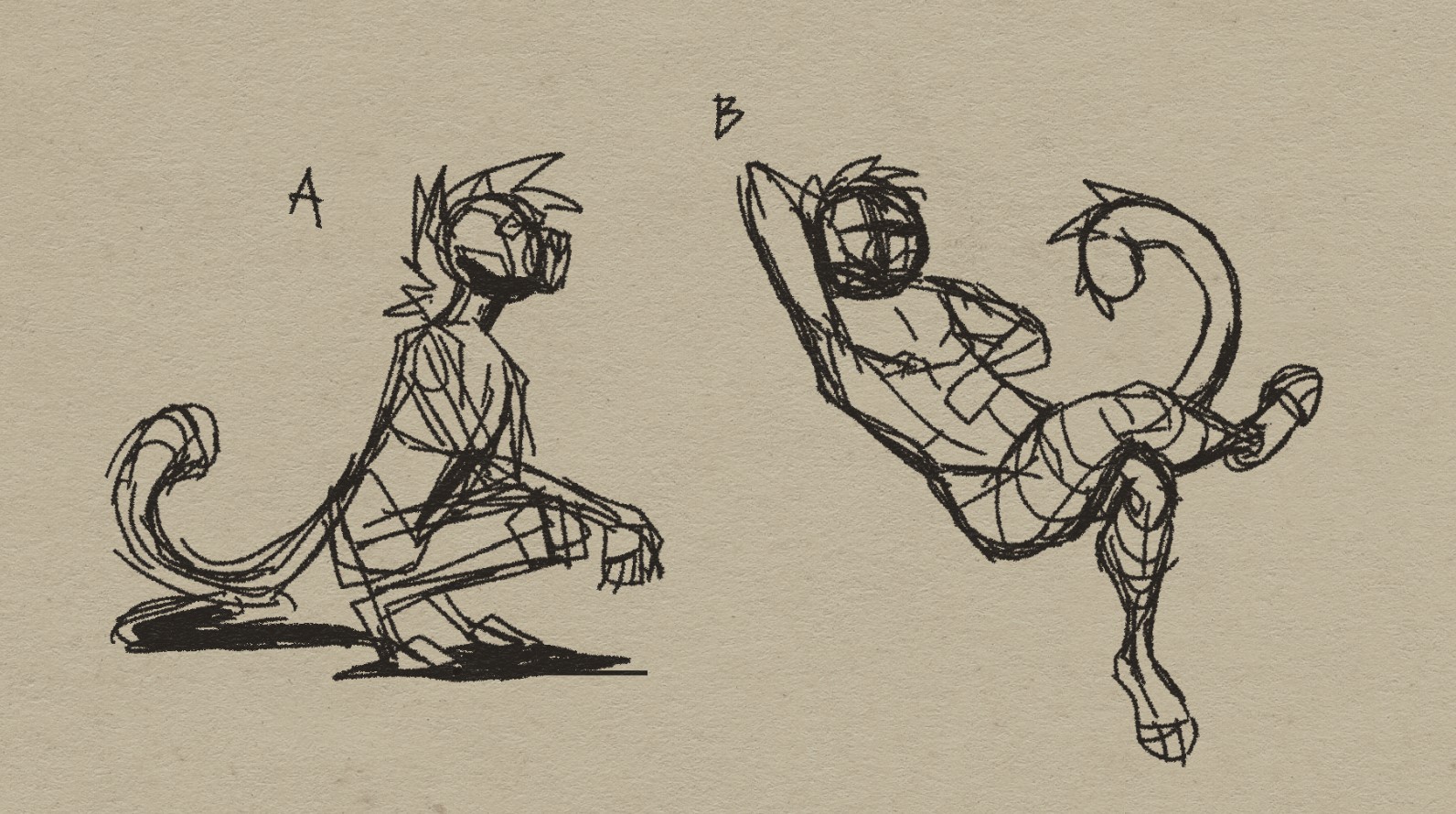 Sketches of an anthro feline, one crouching and one napping like the above image.