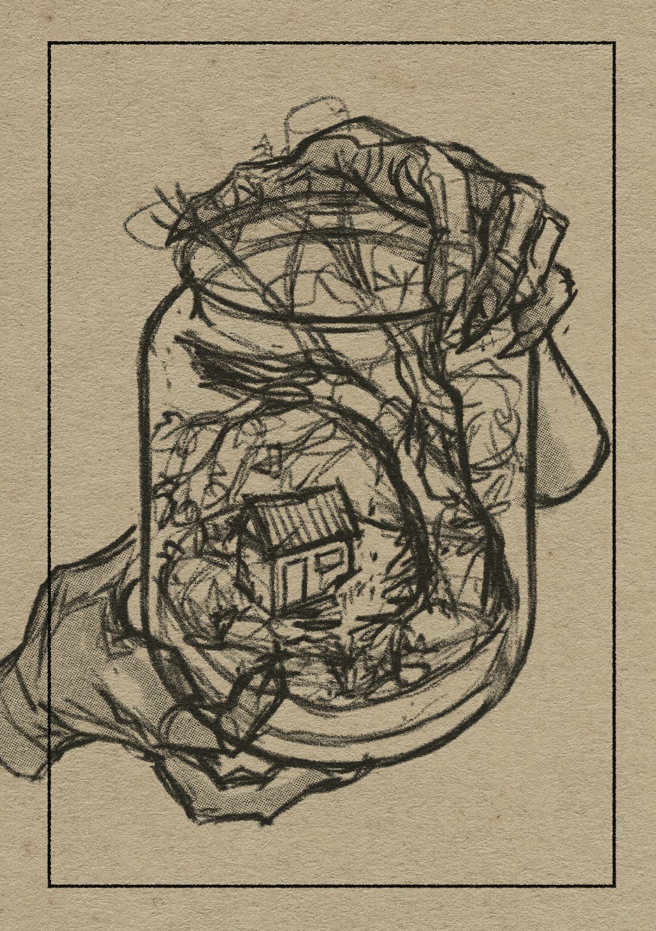 A sketch of a jar held by the hands of a creature. Within the jar is a lush forest and a small house.