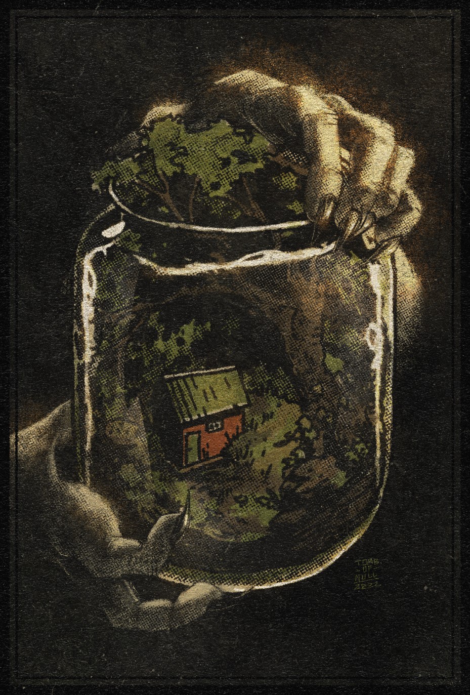 An illustraion of a jar held by the hands of a creature. Within the jar is a lush forest and a small red-orange house.