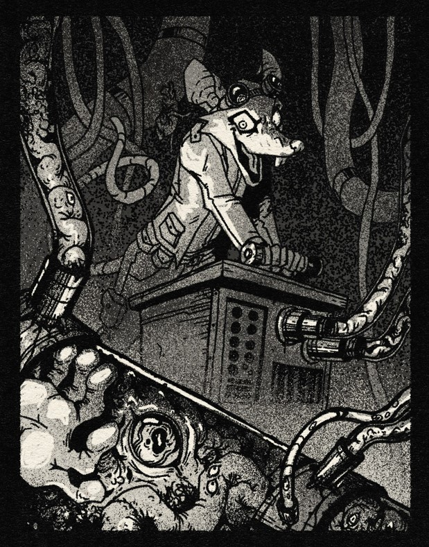Black and white illustration of a rat character, cackling wildly as they activate a mystrious device. The device is rigged with tubing with a strange, writhing fleshy beast occupying it. It has an eye gazing out at the viewer.