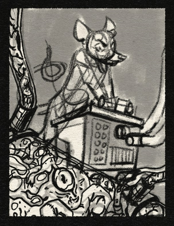 Sketch of a rat character, cackling wildly as they activate a mystrious device. The device is rigged with tubing with a strange, writhing fleshy beast occupying it. It has an eye gazing out at the viewer.