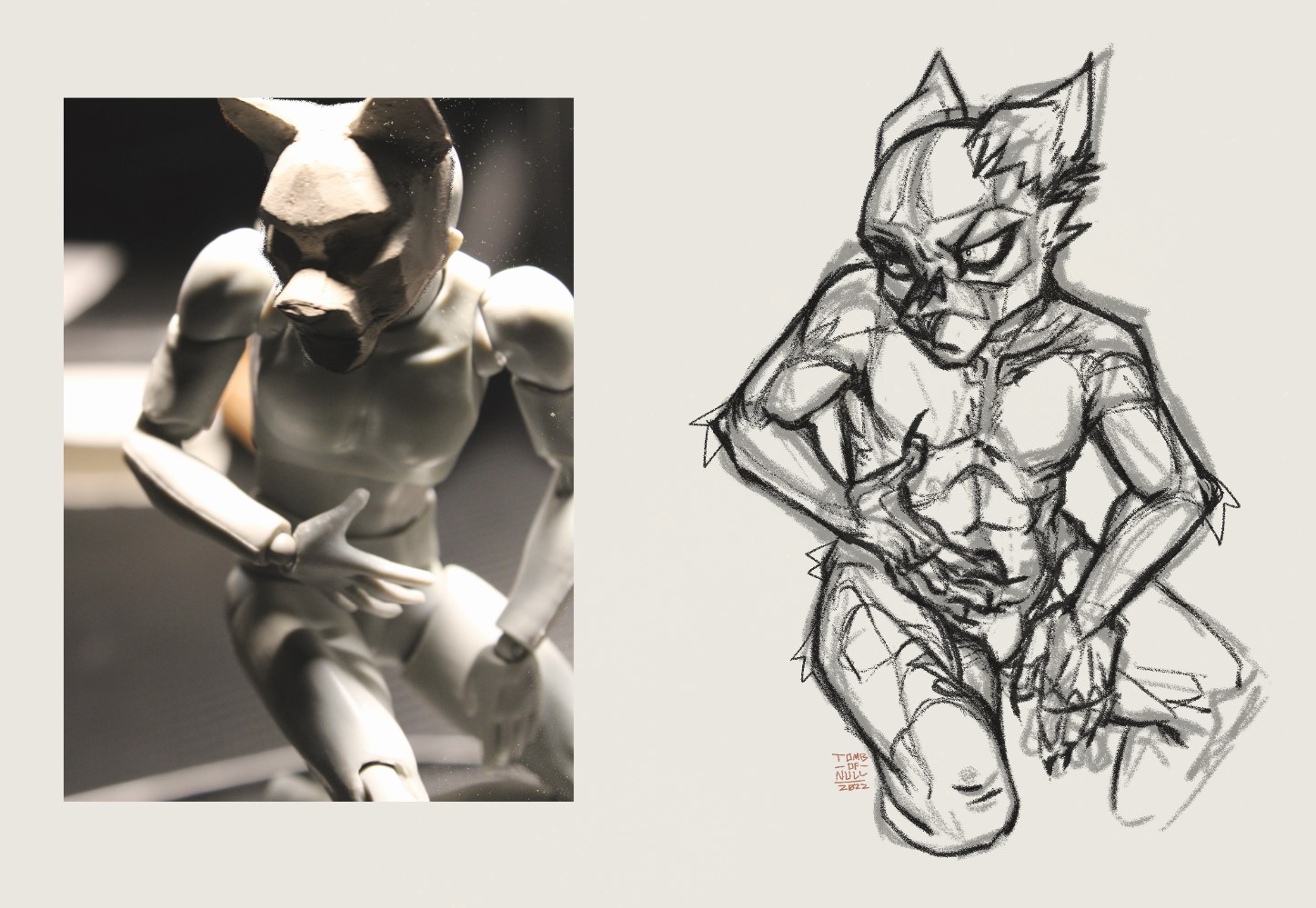 A photo of a artists doll/reference figure with dramatic lighting, with the head of a simplified feline sculpture. Next to it is a sketch of the main artwork based on the reference photo, that of a feline anhtro glaring to the veiwers left.