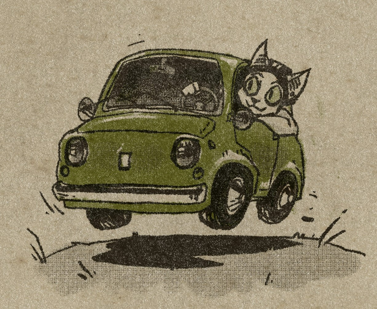 An old green Fiat car zooming so fast it flies off the ground. A cat character with a beanie hat hangs out the window with a happy expression.