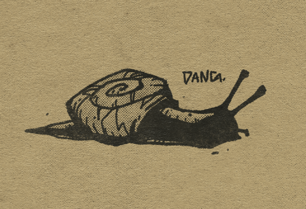 Sketch of a snail, with the text "dang" written next to it.