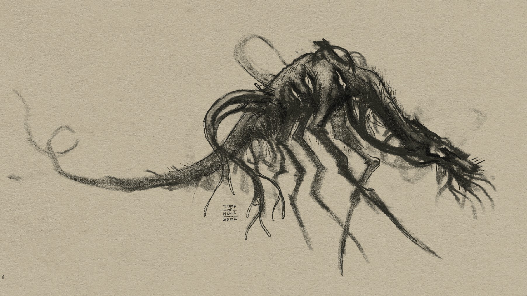 A sketch of a beast with a long body and many limbs. Its head is vaguely shaped like some kind of animal.