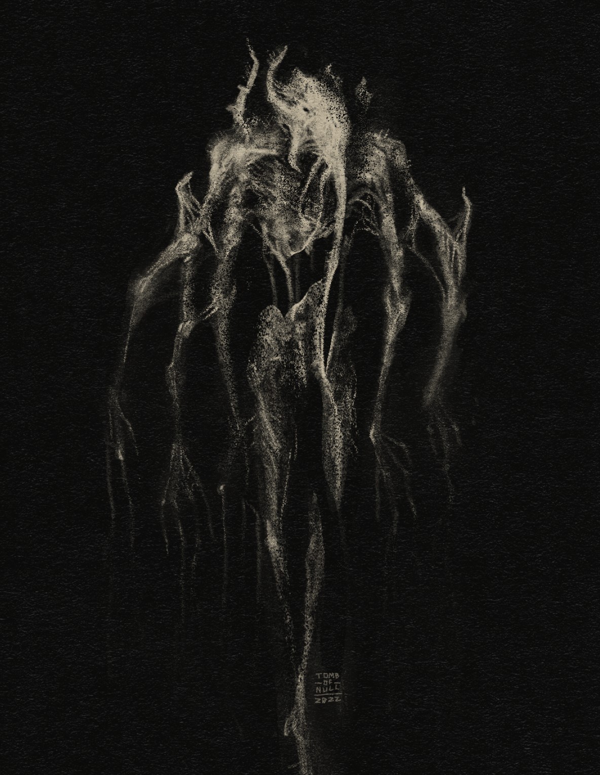 A sketch of a beastly, pale, ghostly creature with many long limbs and a difficult to discern face against a void-like background.