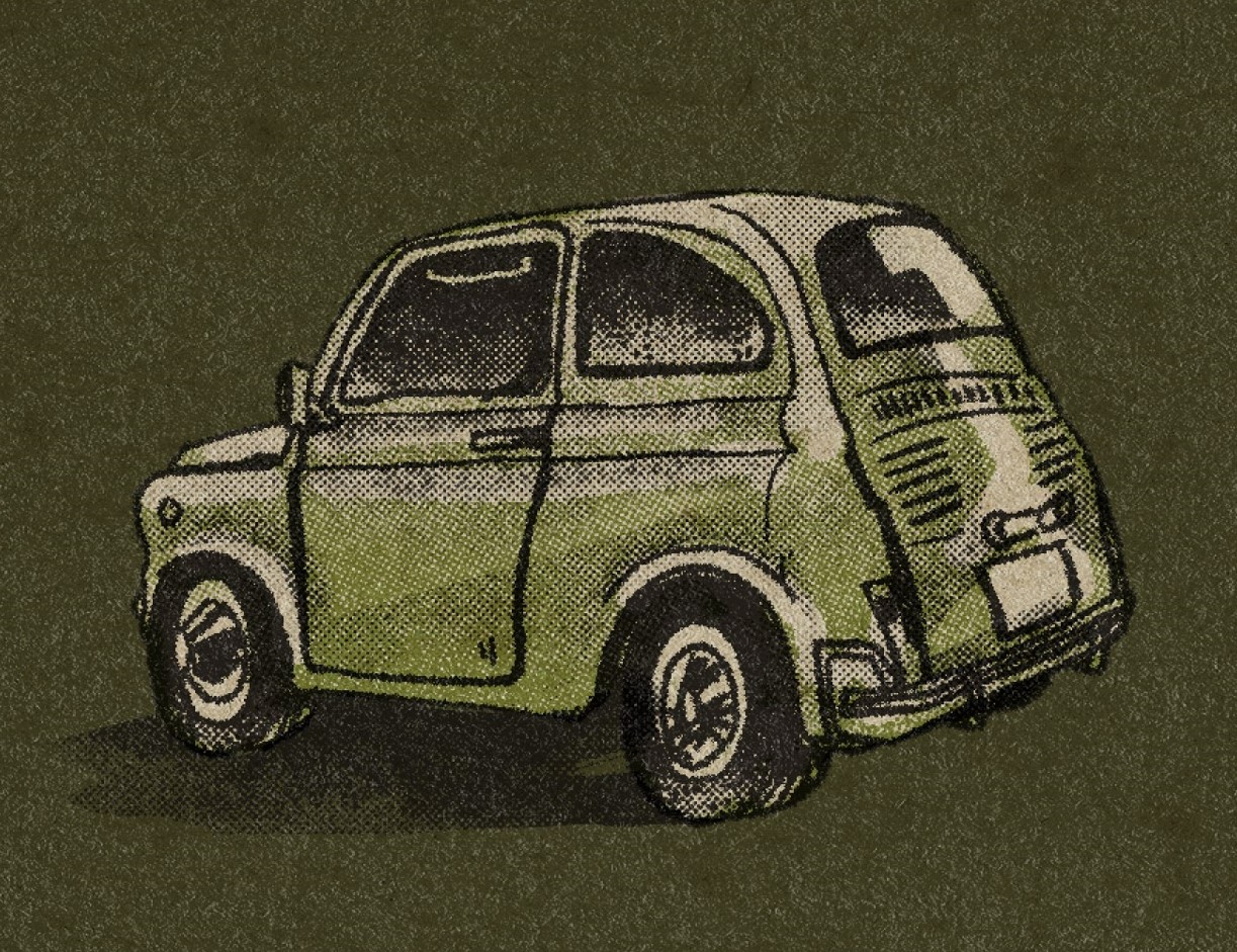 A drawing of a green 1970s Fiat 500 car.