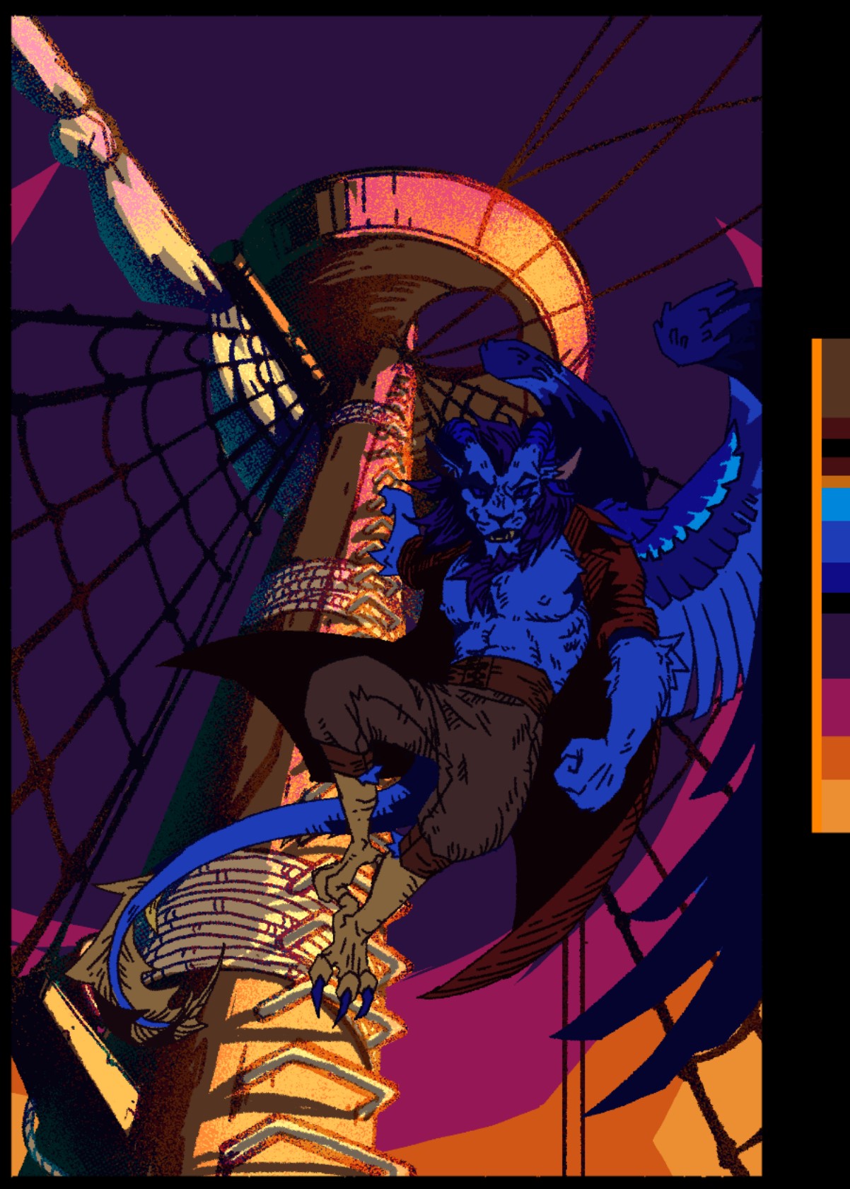 A work-in-progress drawing of the illustration at the top of this web page, that of a bipedal chimera character climbing up a pole to a crows nest. Lighting streaks across the sky above as the character gazes down past the viewer with a smarmy expression. An assortment of colors are also arranged nxt to the illustration.