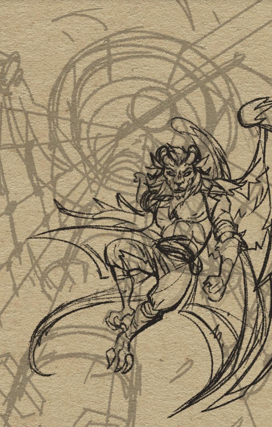 A sketch of the illustration above, that of a bipedal chimera character climbing up a pole to a crows nest. Lighting streaks across the sky above as the character gazes down past the viewer with a smarmy expression.