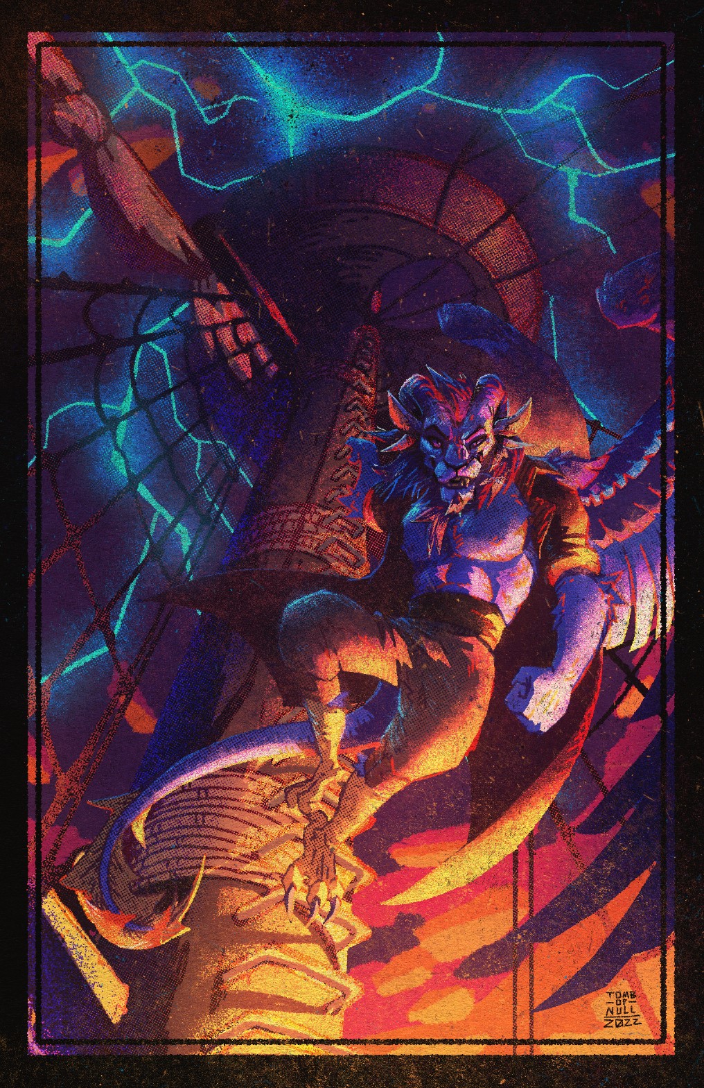 An illustration of a bipedal chimera character climbing up a pole to a crows nest. Lighting streaks across the sky above as the character gazes down past the viewer with a smarmy expression.