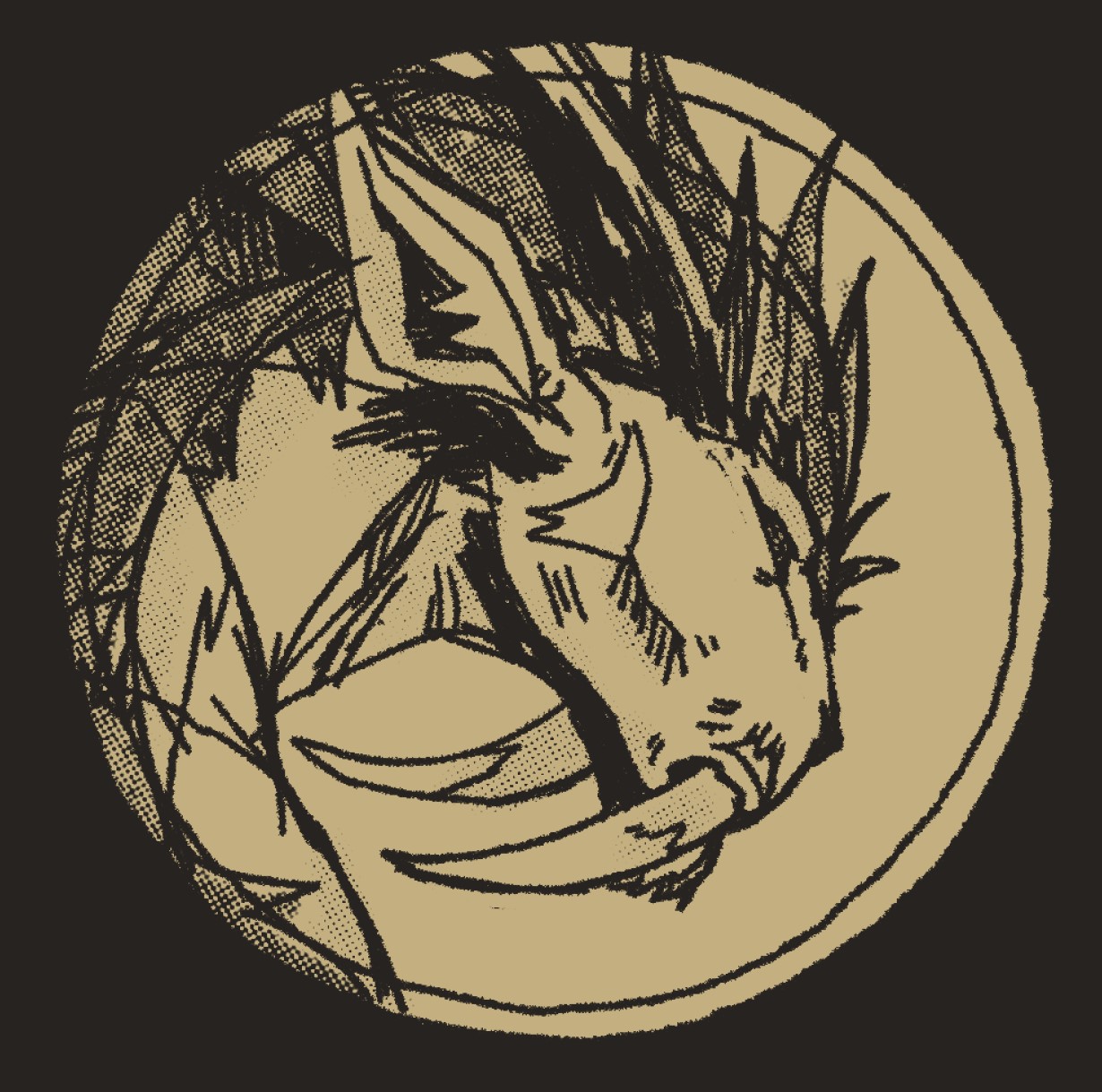 A sketch of the illustration above, which is of the head of a deer-dragon-like being with saber teeth.