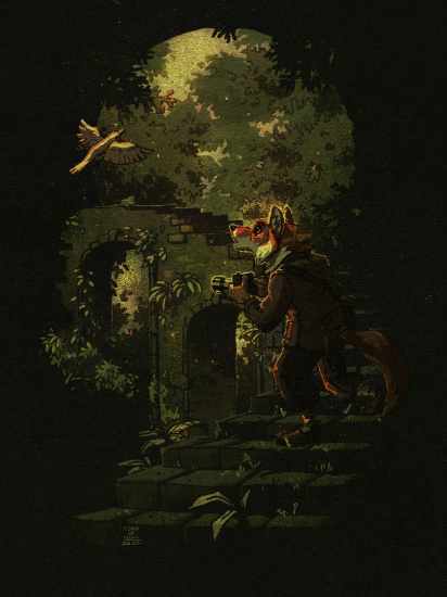 Illustration of an anthro dhole character exploring an old stone bridge in the woods. He is towards the bottom right of the image, wielding a camera in his paws. He is wearing comfortable adventuring attire. His expression is contained excitement and awe as a bird soars past him on the other side of the image, glowing in the amber light of the sun filtered through the tree leaves.
