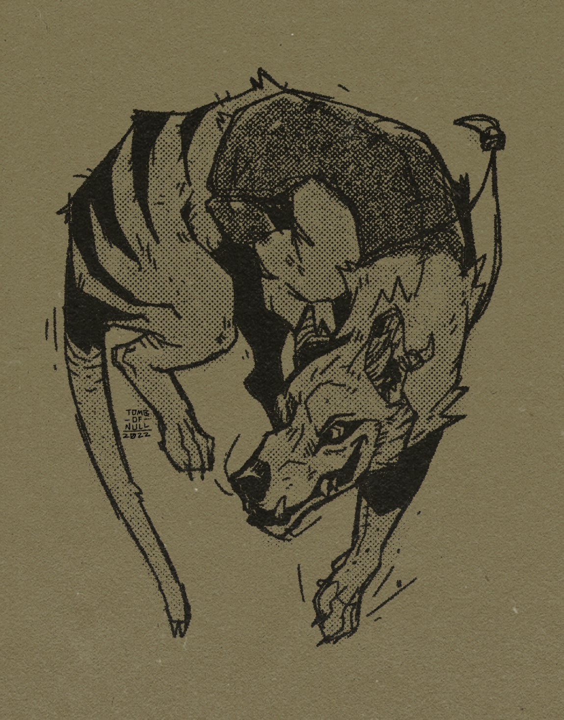 A sketch of a thylacine character with big teeth, a vest, and a charm necklace.