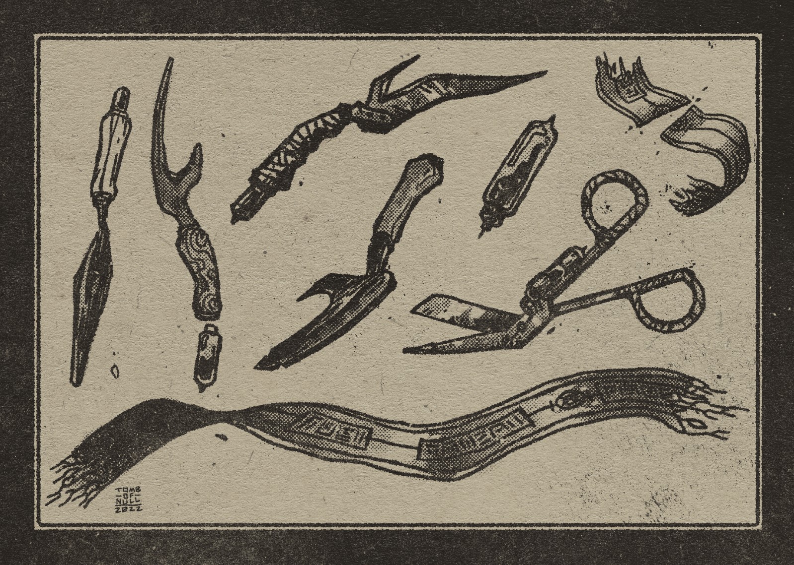 An illustration of various strange tools and ribbon.