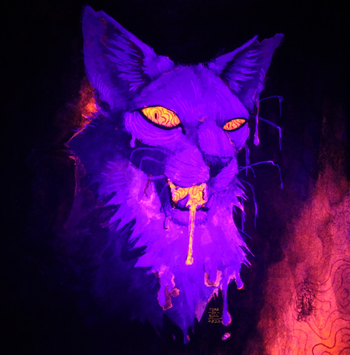 A painting of a white feline, mouth ajar and oozing like melting wax, under UV light. The lighting makes their fur appear a deep purple, and the orange of their eyes, mouth, and parts of the background glow a bright orange.