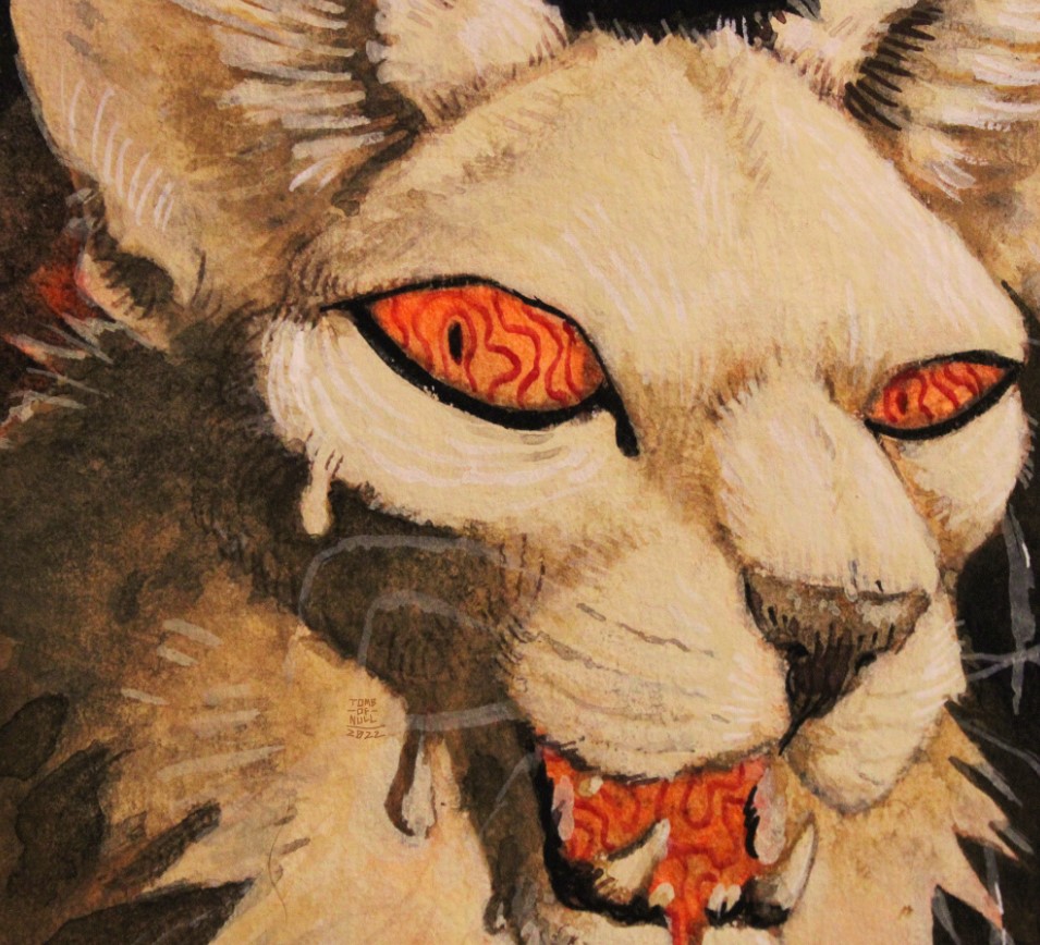 A close up of a painting of a white feline, mouth ajar and oozing like melting wax. Their eyes and mouth are a bright orange.