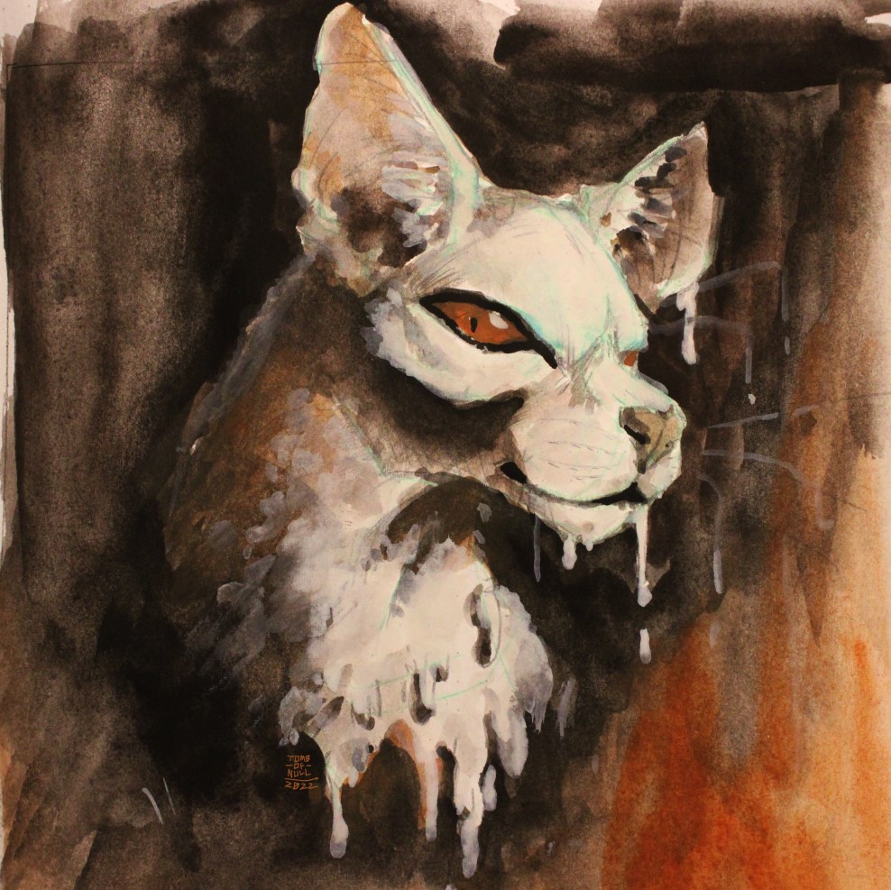 A painting of a white feline, oozing like melting wax.