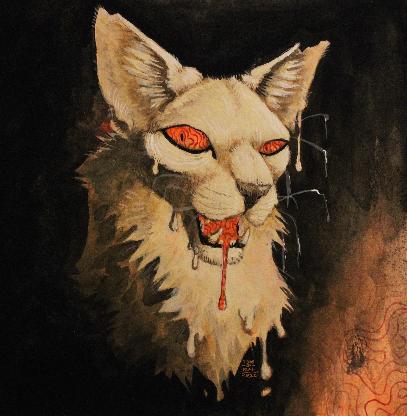 A painting of a white feline, mouth ajar and oozing like melting wax. Their eyes and mouth are a bright orange.