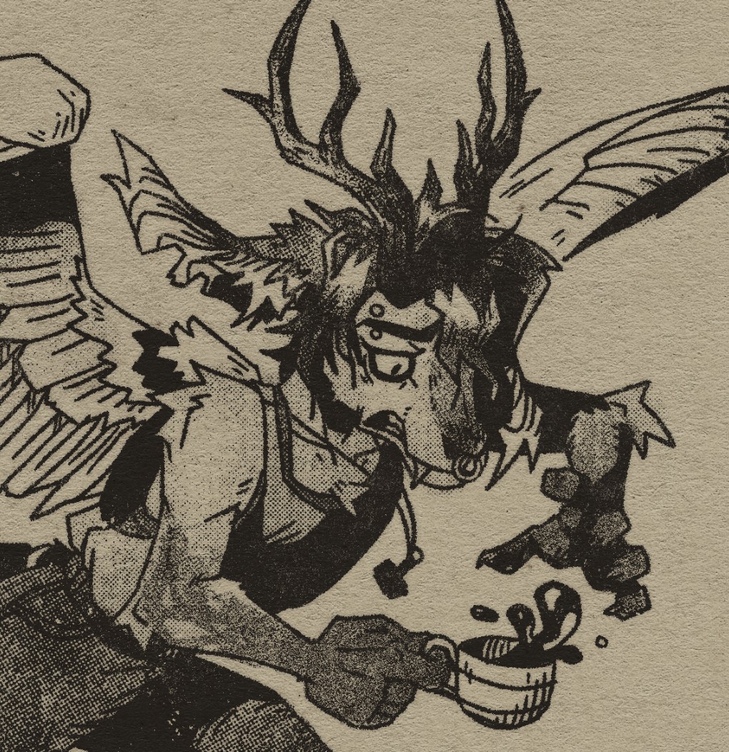 Close up of an illustration of a wolpertinger character: a rabbit-like creature with antlers, fangs, and wings. They are holding a small cup of coffee which is slashing out a bit. Their expression is one of worry over spilling the drink they are holding