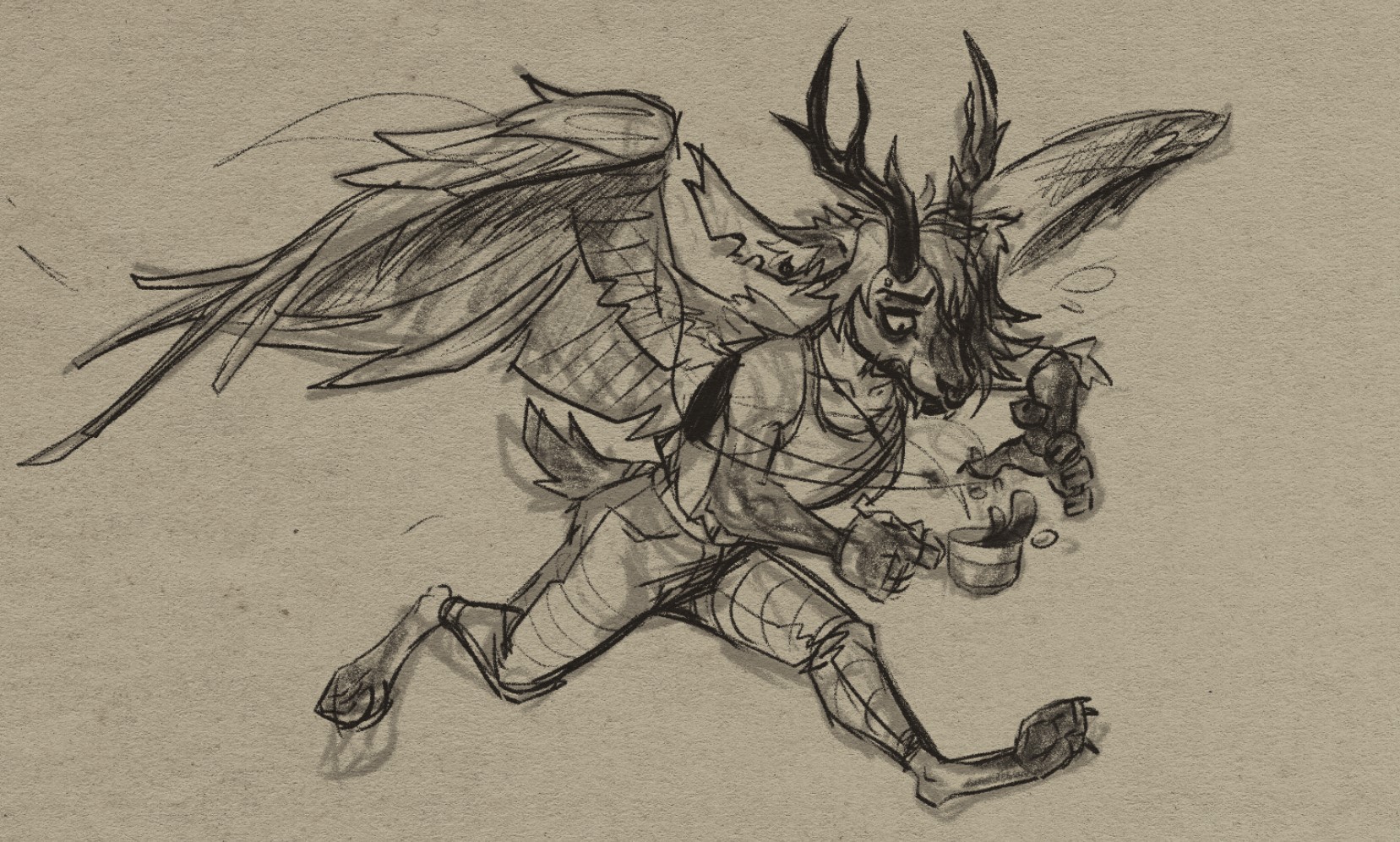 A sketch of a wolpertinger character: a rabbit-like creature with antlers, fangs, and wings. They are holding a small cup of coffee which is slashing out a bit. Their expression is one of worry over spilling the drink they are holding