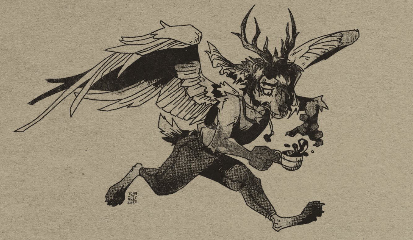 An illustration of a wolpertinger character: a rabbit-like creature with antlers, fangs, and wings. They are holding a small cup of coffee which is slashing out a bit. Their expression is one of worry over spilling the drink they are holding.
