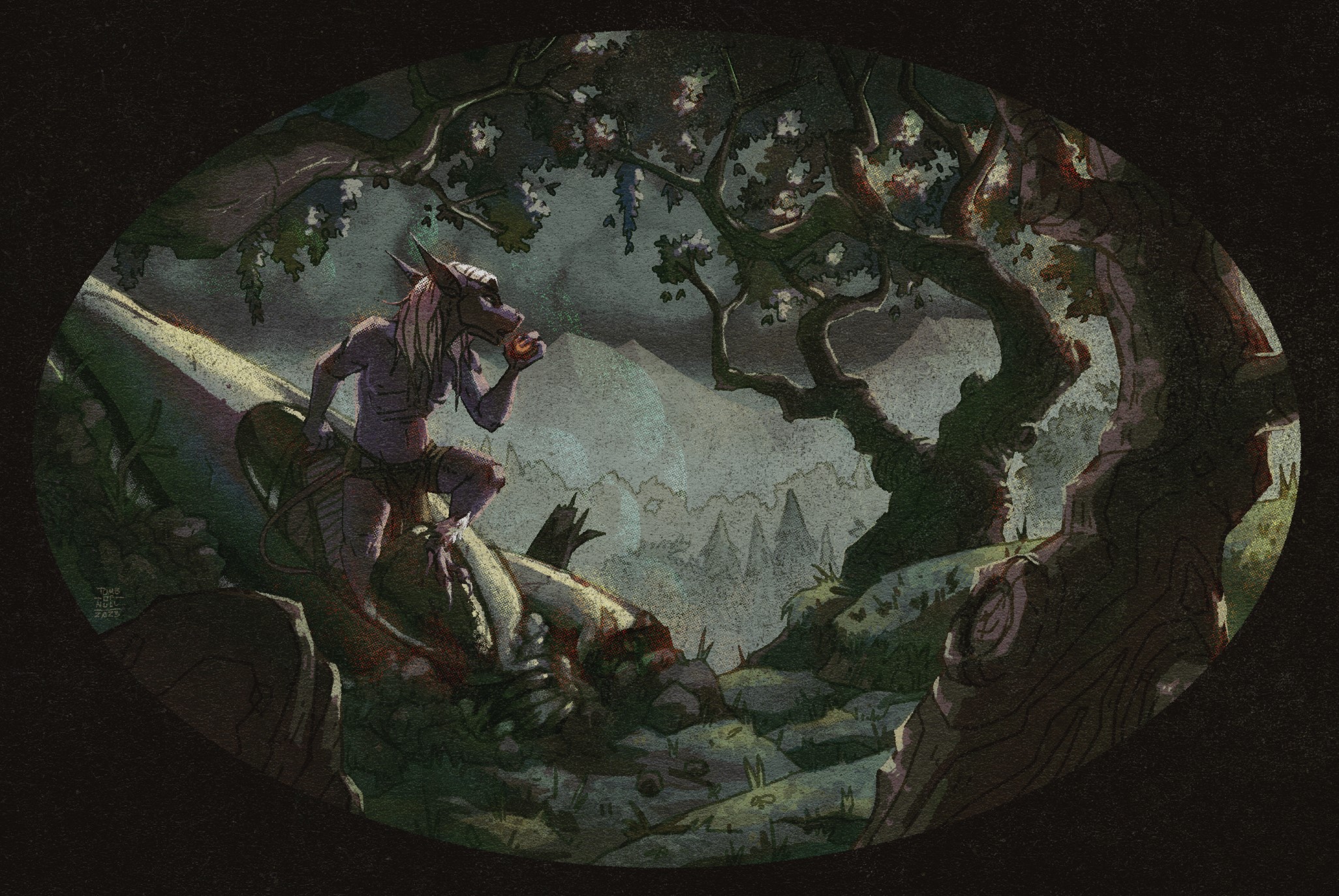 An illustration of an alien raptor anthro character emerging from their crashed space ship in a wooded, mountainous area just as a storm is about to roll in. The character as lavender skin and a white mane not unlike that of a horse’s, and long sharp ears. His vessel is sleek (aside from the damage) and made of a shiny chrome-like material. He is speaking into a small communicator while looking out unto the hazy mountain range beyond.