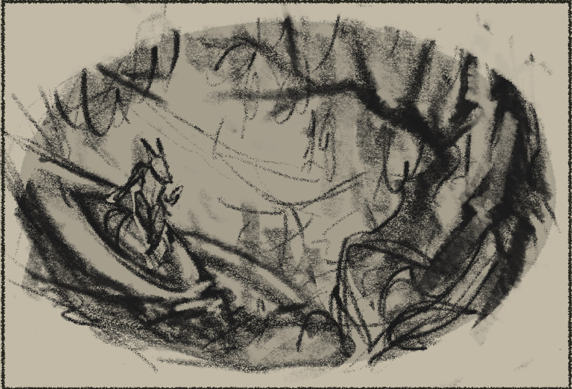 A rough draft of a illustration of an alien raptor anthro character emerging from their crashed space ship in a wooded, mountainous area just as a storm is about to roll in. Much of the details are simple and loose as it is a draft.