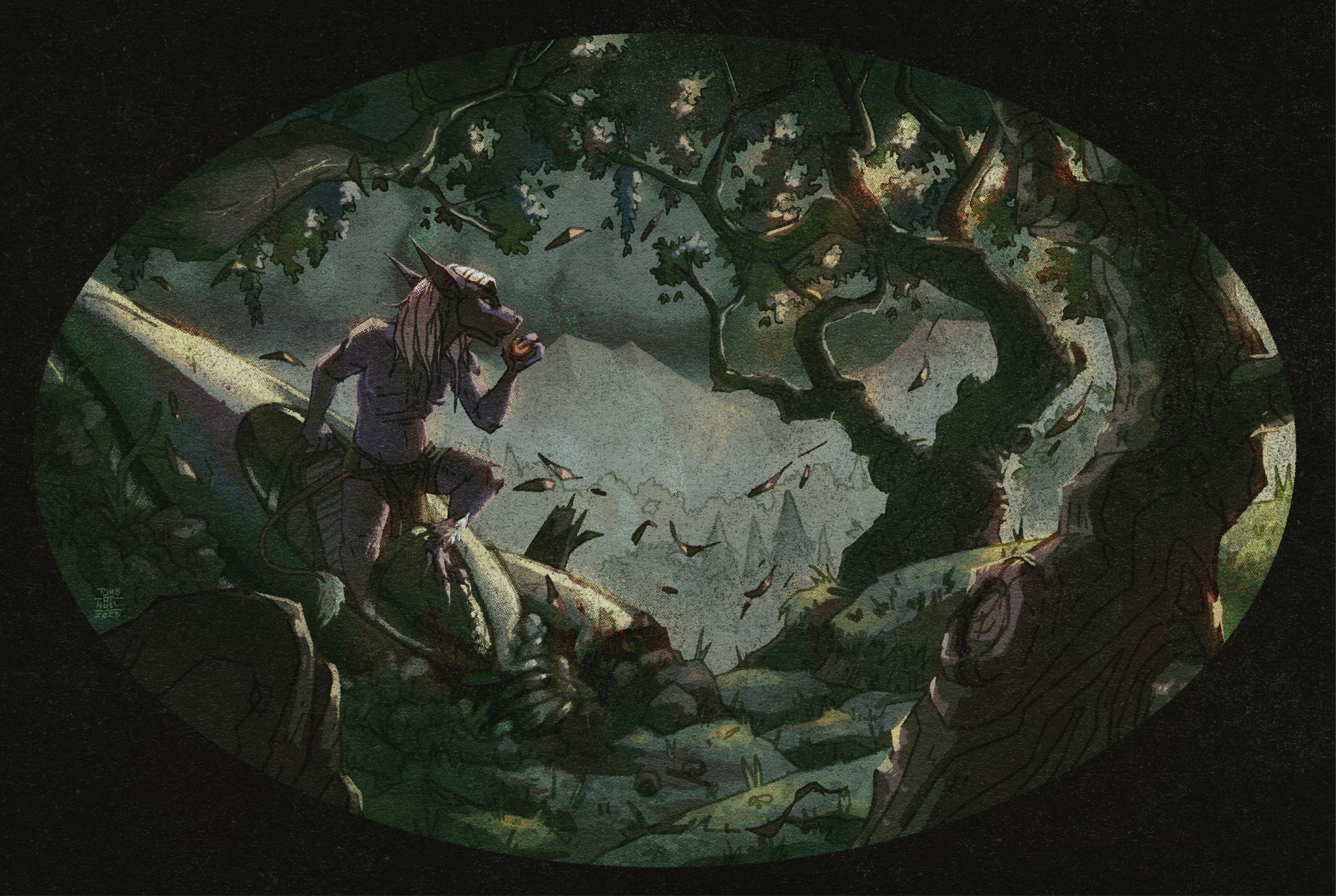 An illustration of an alien raptor anthro character emerging from their crashed space ship in a wooded, mountainous area just as a storm is about to roll in. The character as lavender skin and a white mane not unlike that of a horse’s, and long sharp ears. His vessel is sleek (aside from the damage) and made of a shiny chrome-like material. He is speaking into a small communicator while looking out unto the hazy mountain range beyond. Leaves fly in the wind as the coming storm creeps in, choking out the reminding light of the setting sun peeping through the canopy.