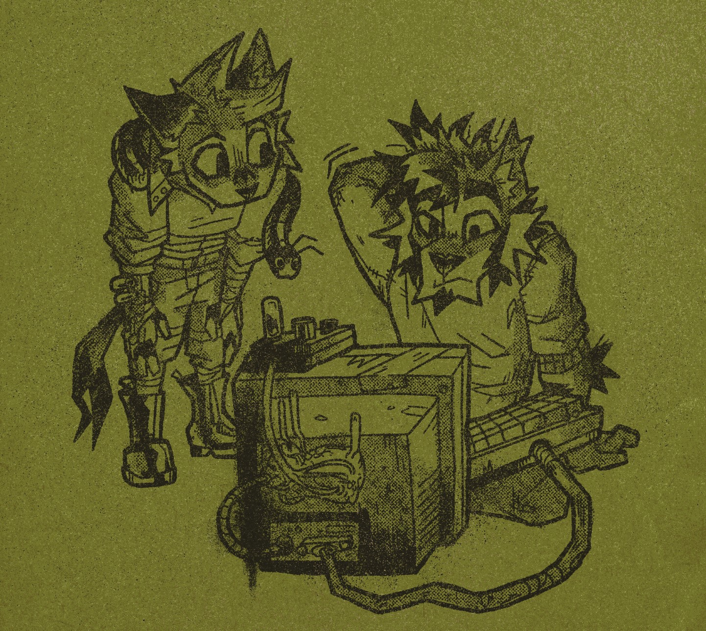 An illustration of two anthropomorphic feline characters with some strange computer-like equiptment. Weird, flesh-like forms protrude from various ports on the back of the CRT-TV looking machine. On the right, Orin is scratching their head in confusion at something on the screen. To the left, Stranger is glancing at Orin as though guessing what his next move might be with the technical difficulties unfolding before them. Strangers pet millipede arches itself to look at the screen. It does not understand anything going on but is having a good time nonetheless.