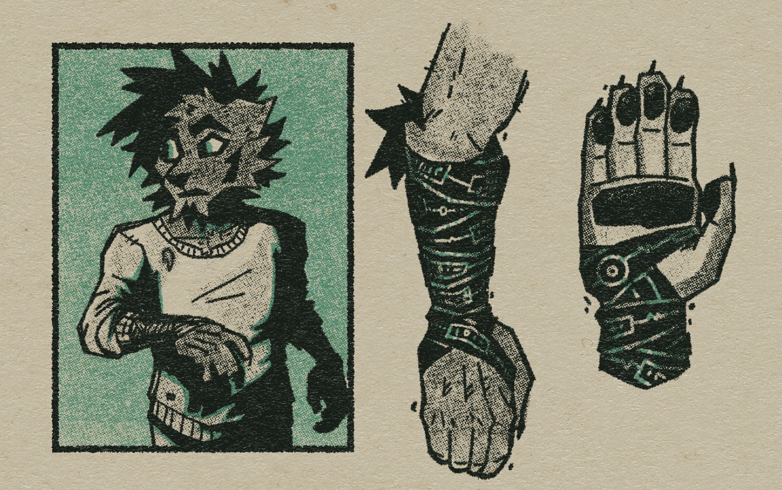 Three illustrations in one. First, a waist-up shot of the same character featured previously, glancing to one side as though caught somewhat off guard. Next is a shot of an arm wrapped in a bandage-like material marked with lines and symbols. Lastly, a paw-hand partially wrapped in the same material with a distinct eye-like symbol over the lower palm.