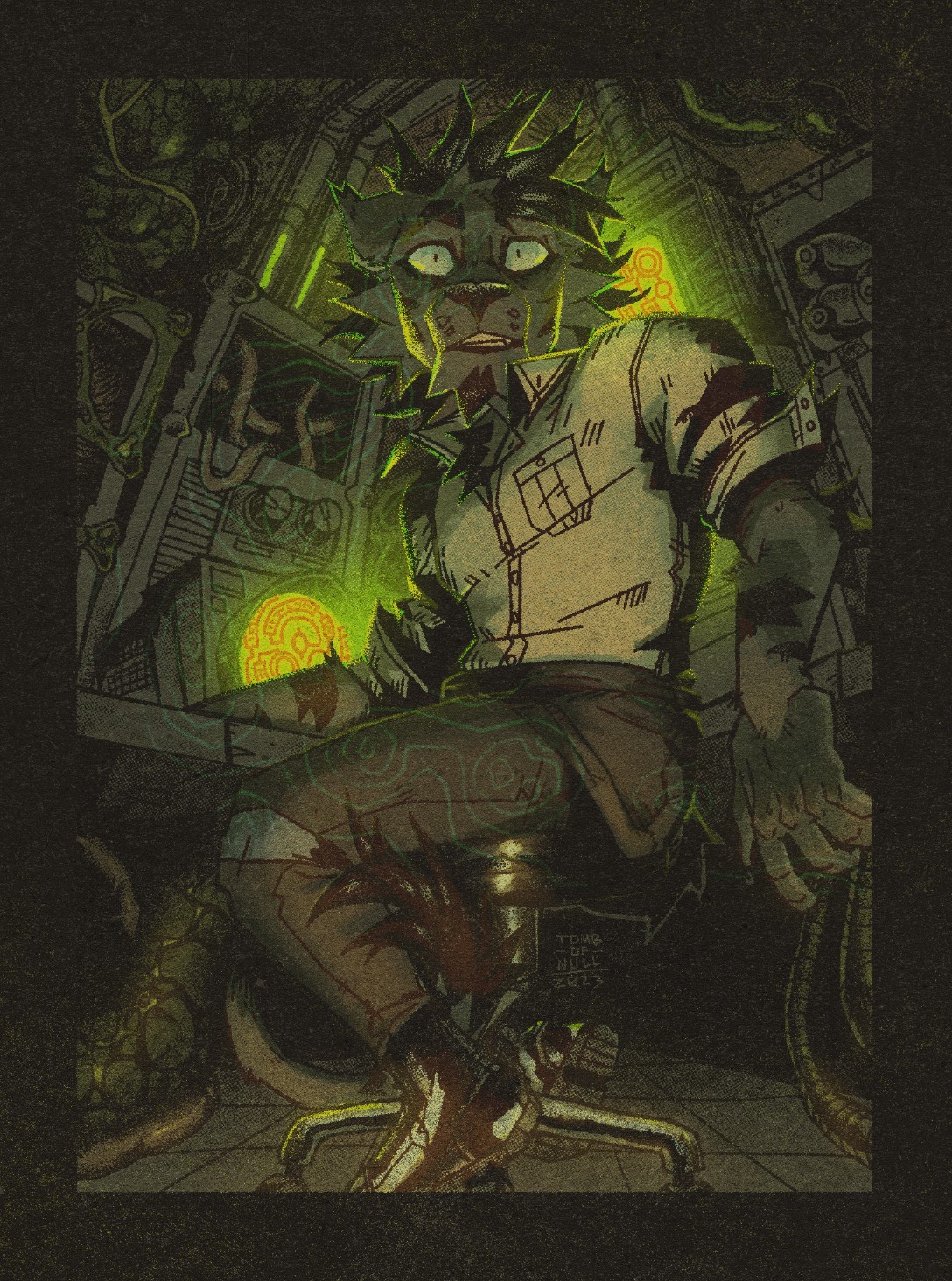 An illustration of an anthro feline character at a work station, turning to gaze at something above the viewer with a contained fear. The work station behind him is a mess of electronics and flesh-like growths.