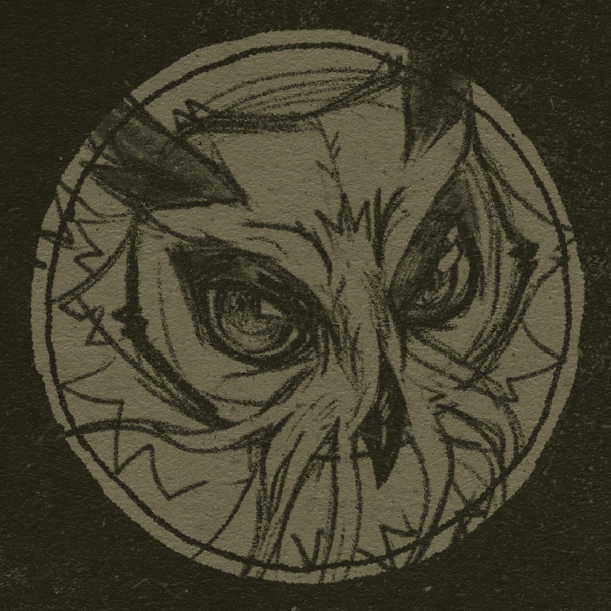 An illustration of a eldritch owl, whose beak feathers form tentical-like tendrils. Their expression is dark and mysterious. 
