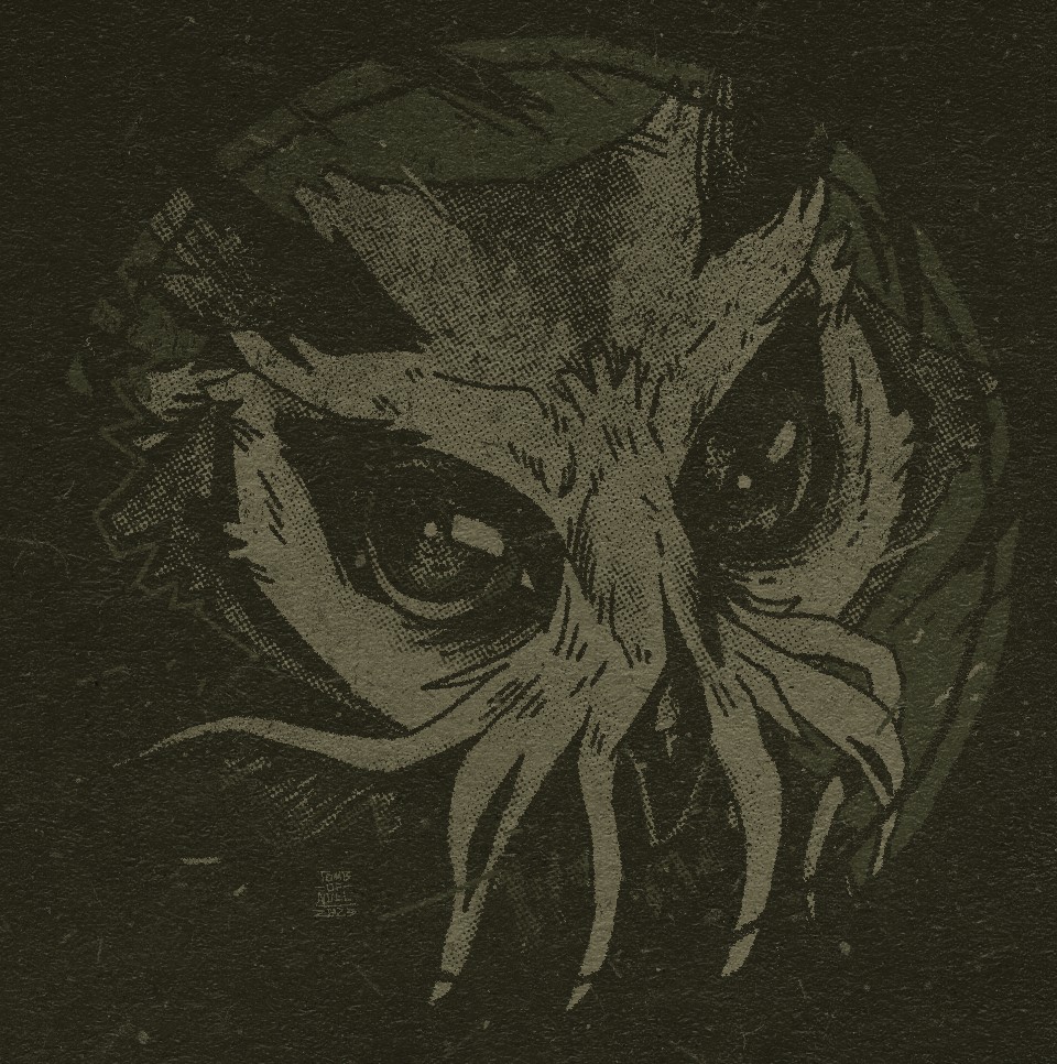 An illustration of a eldritch owl, whose beak feathers form tentical-like tendrils. Their expression is dark and mysterious. 