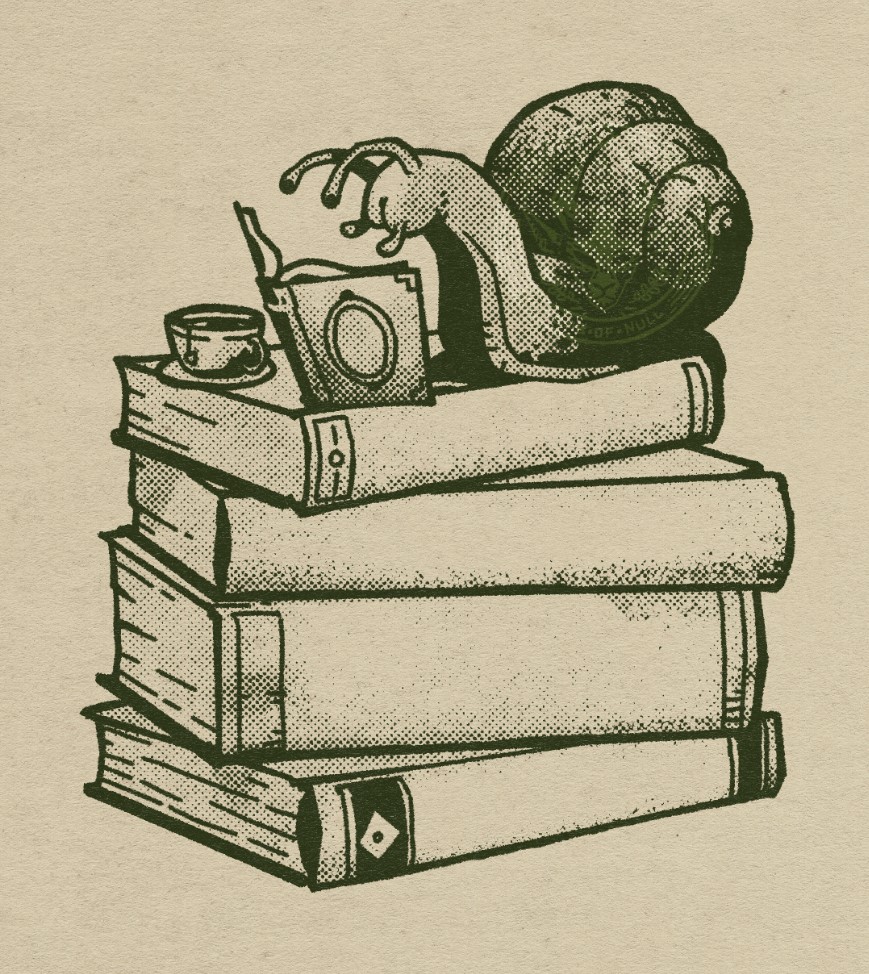 An illustration of a snail on top of a stack of books. The snails is reading a snail-sized book accompanied by a snail-sized tea cup. They are engrossed in their snail literature.