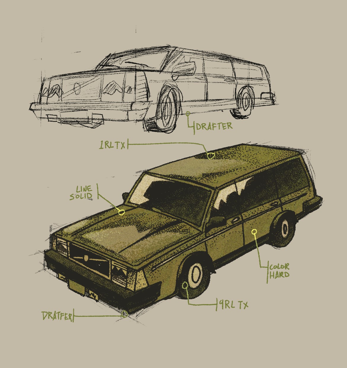 Two sketches of a station wagon at two different angles, one colored. The sketches are labeled detailing the various brushes used to render the piece, including the Color Hard for the color, Line Solid for most of the linework, Drafter for the more pencil-like lines, and 1LR TX and 9RL TX for the stippled areas.