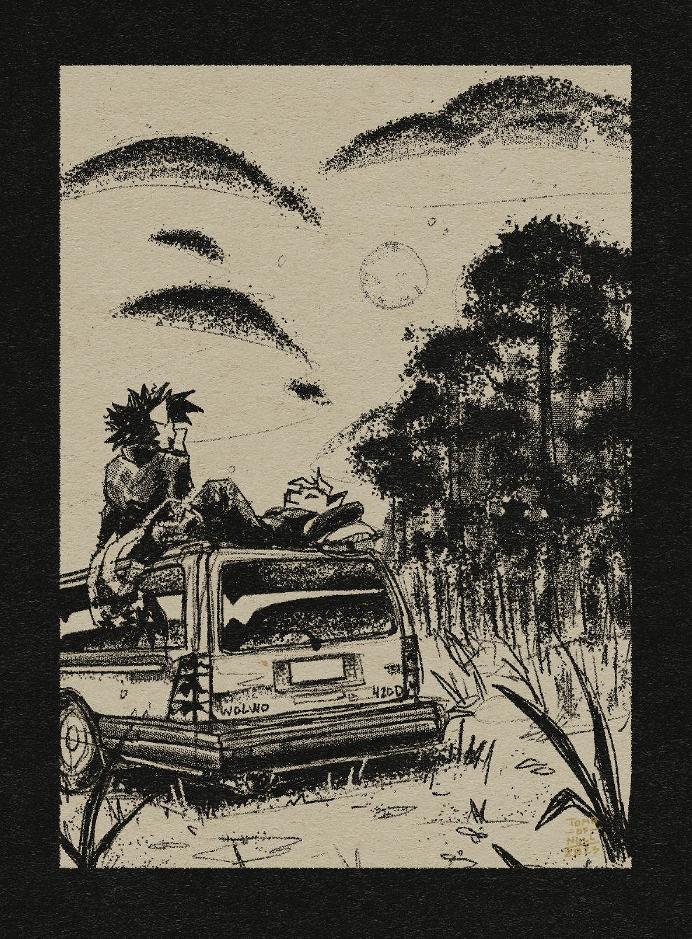An illustration featuring a car parked by a forest’s edge. On the roof of the car sit two figures, one laying on their back and the other sitting up, both gazing at the sky and the sun sets out of frame. Next to the towering loblolly is a moon nestled behind the blanket of clouds.