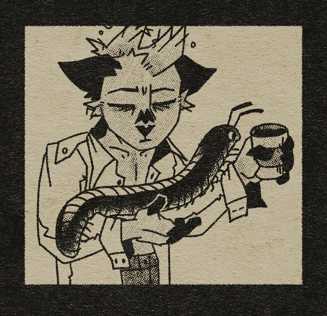 An illustration of an anthro feline character, Stranger, holding a drink in one hand as their pet jumbo millipede crawls over their arms. Stranger is exhausted and groggy, presumably in the process of waking up. The millipede is reaching out to the drink Stranger’s holding.