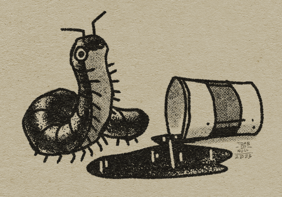 An animation of a big millipede vibrating. Next to them is a spilt cup of coffee. We can assume the coffee is why the creature is buzzing.