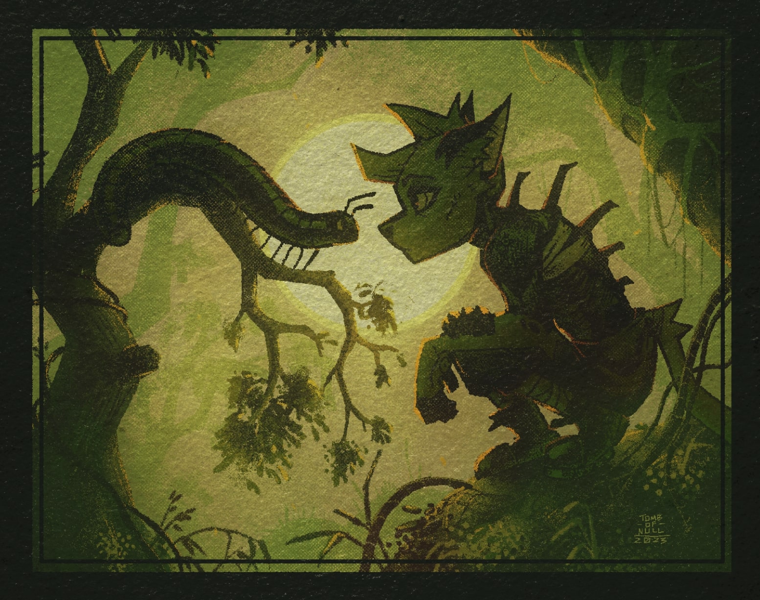 An illustration of a cute, jumbo millipede perched on a branch and a anthro feline character. Both are facing each other with unsure expressions.