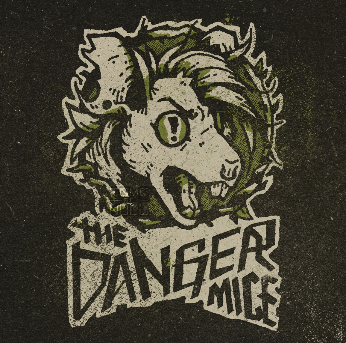 Illustration of a logo consisting of a mouse’s head framed in t wreath of vines. The mouse is angry and sports a floppy punk-cut and piercings. Their ear has a chunk bitten out of it and an exclamation mark in place of a pupil. Beneath is stylistic text reading,”The Danger Mice”.