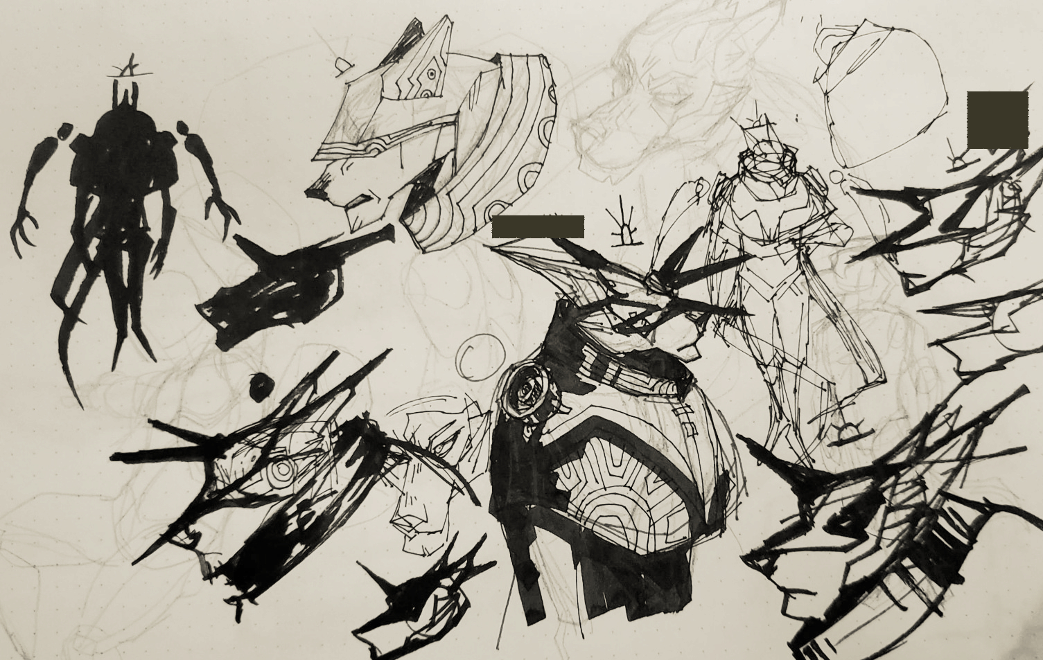 Several sketches of hound-like beings with odd head gear, as well as a silhouette of the character featured above.