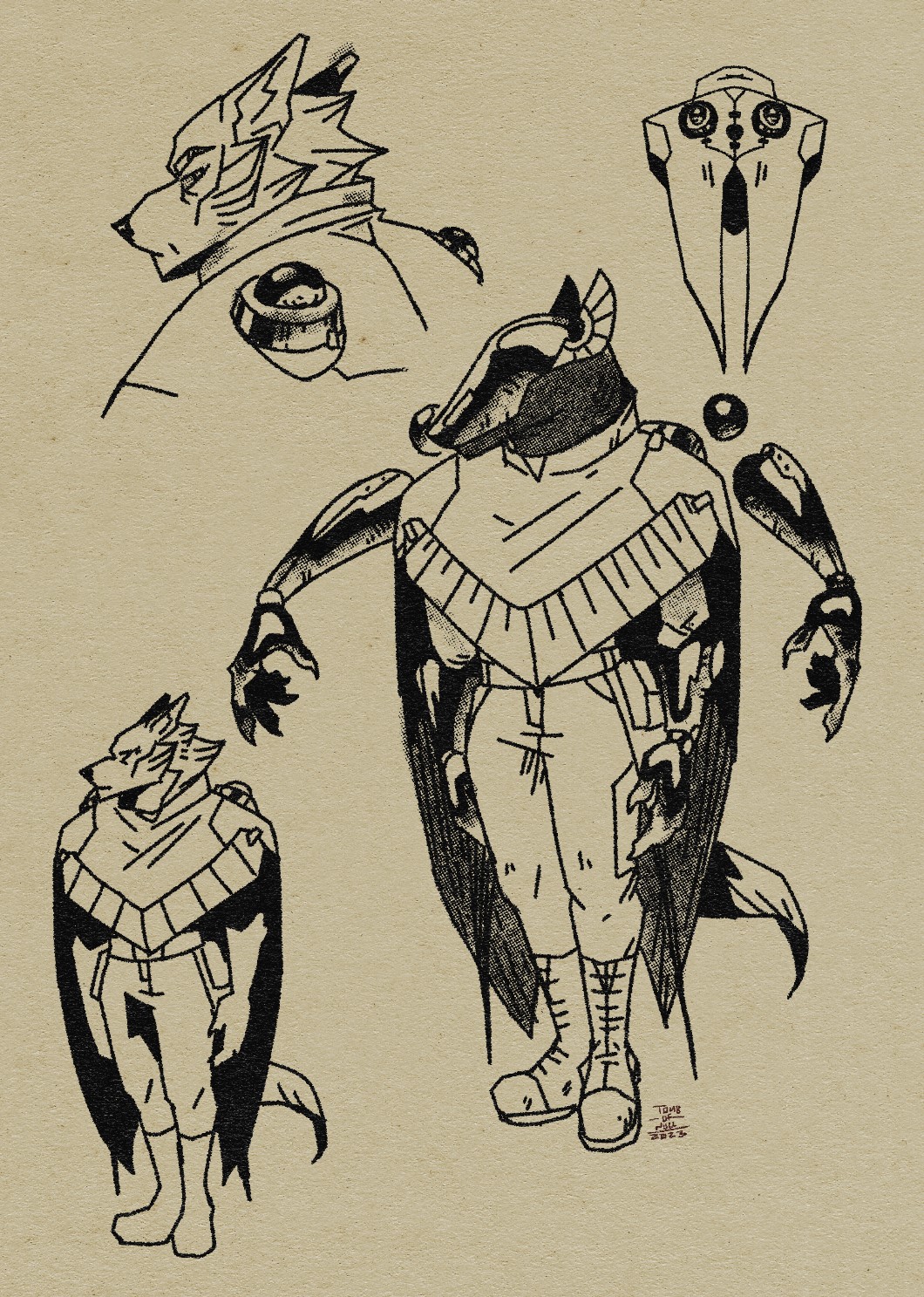 Several black and white illustrations. Front the top down: A headshot of the figure unmasked—a older german shepard looking over his shoulder with a severe expression. Two metallic protrusion are mounted on each of his shoulder blades. Next, a back view of the cape. The cape has the same metallic protrusions. The cape has a swallow bird’s tail shape to it. Next, a front view of the full outfit, same as first image featured earlier. Finally, a similar front view of the outfit with the same dog character unmasked.