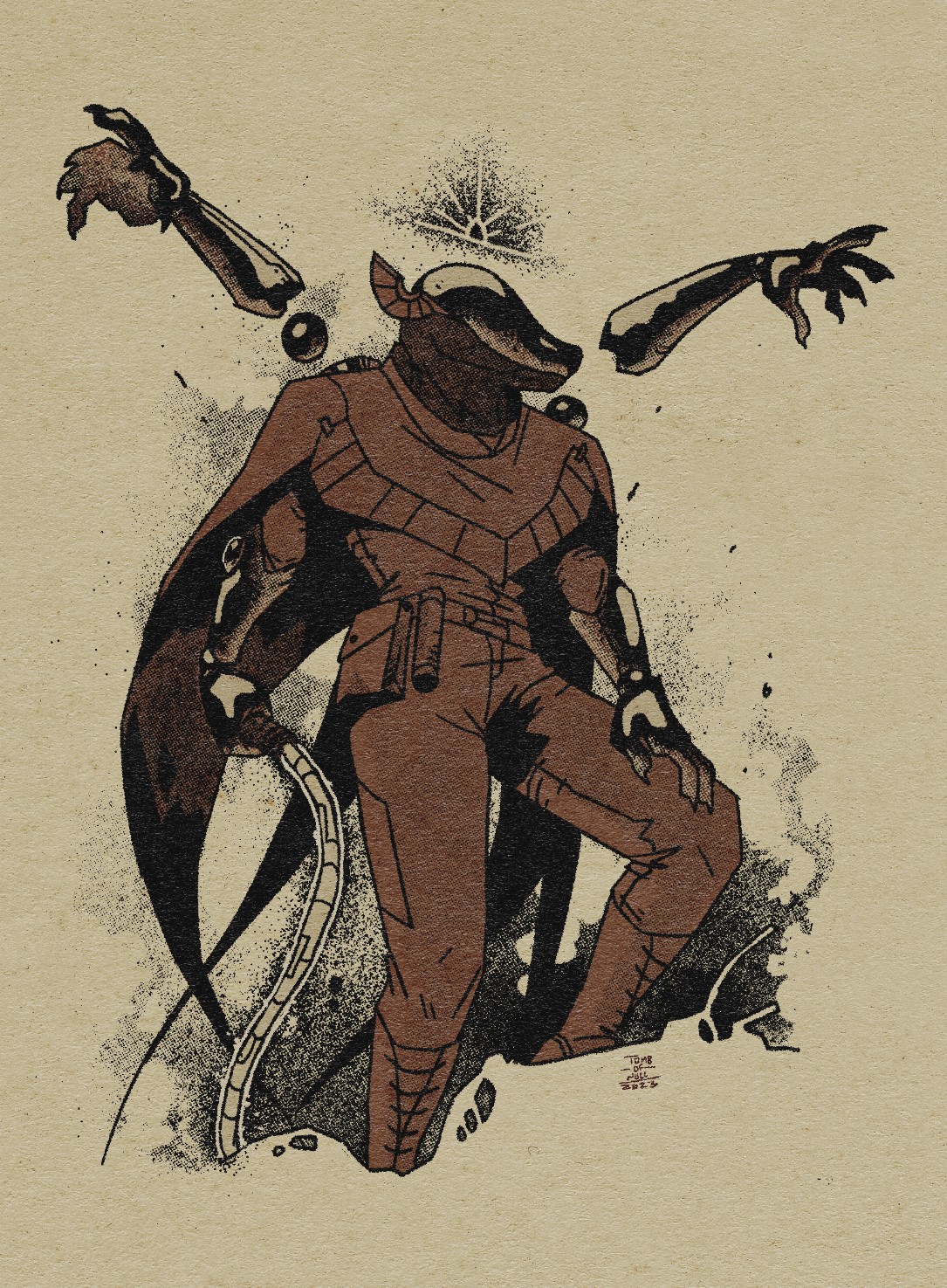 An ominous figure in a maroon outfit. The outfit consists of a glossy mask, a cape, shirt and pants, a utility belt, metallic gauntlets, and two floating metal arms to the right and left of the figure. In his hand is a whip-like device. Above his head is a horizon-like symbol.